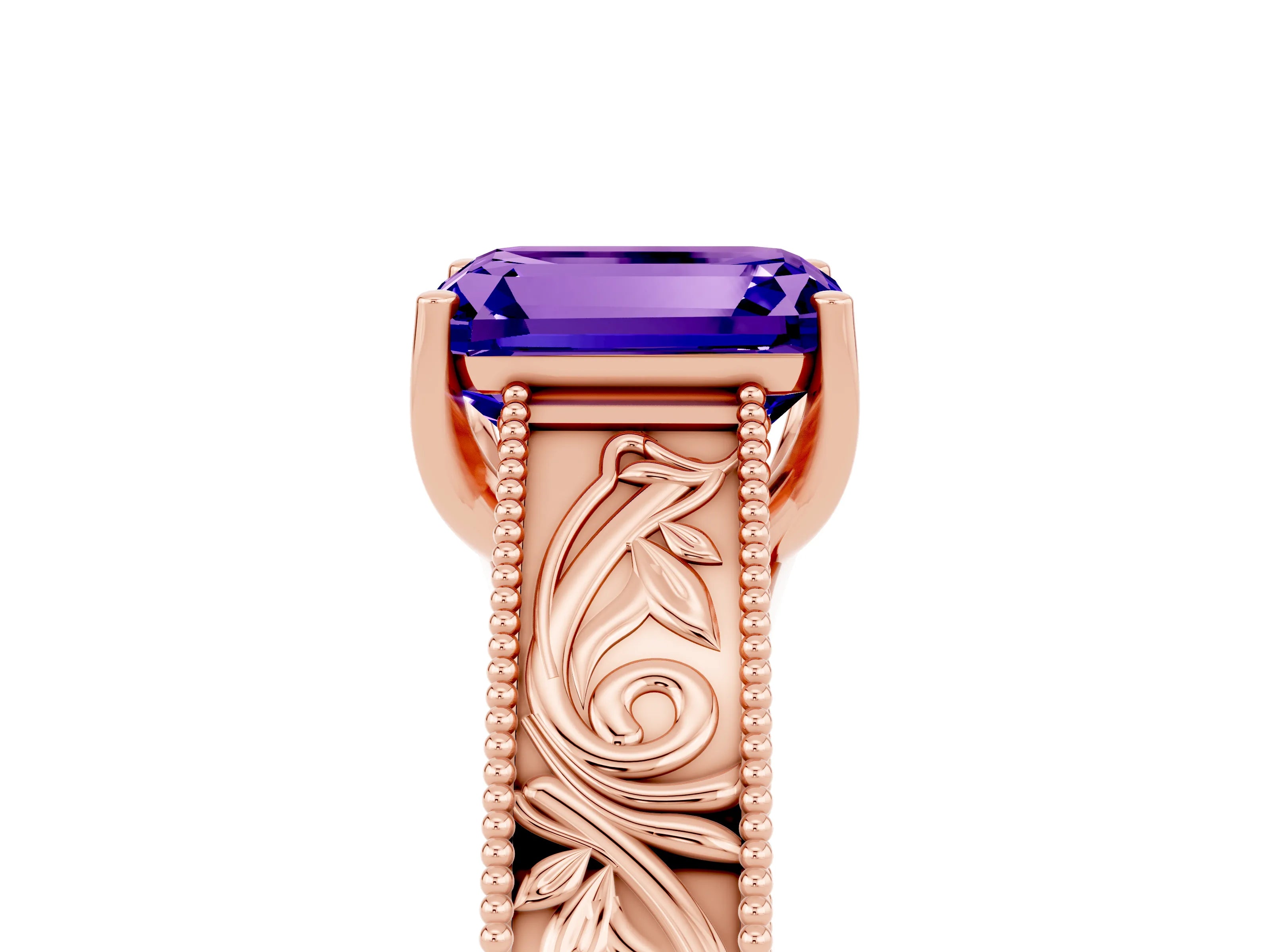 Rose gold Emerald Cut Tanzanite Solitaire Ring with Engraved Band and Four-Prong Setting_5
