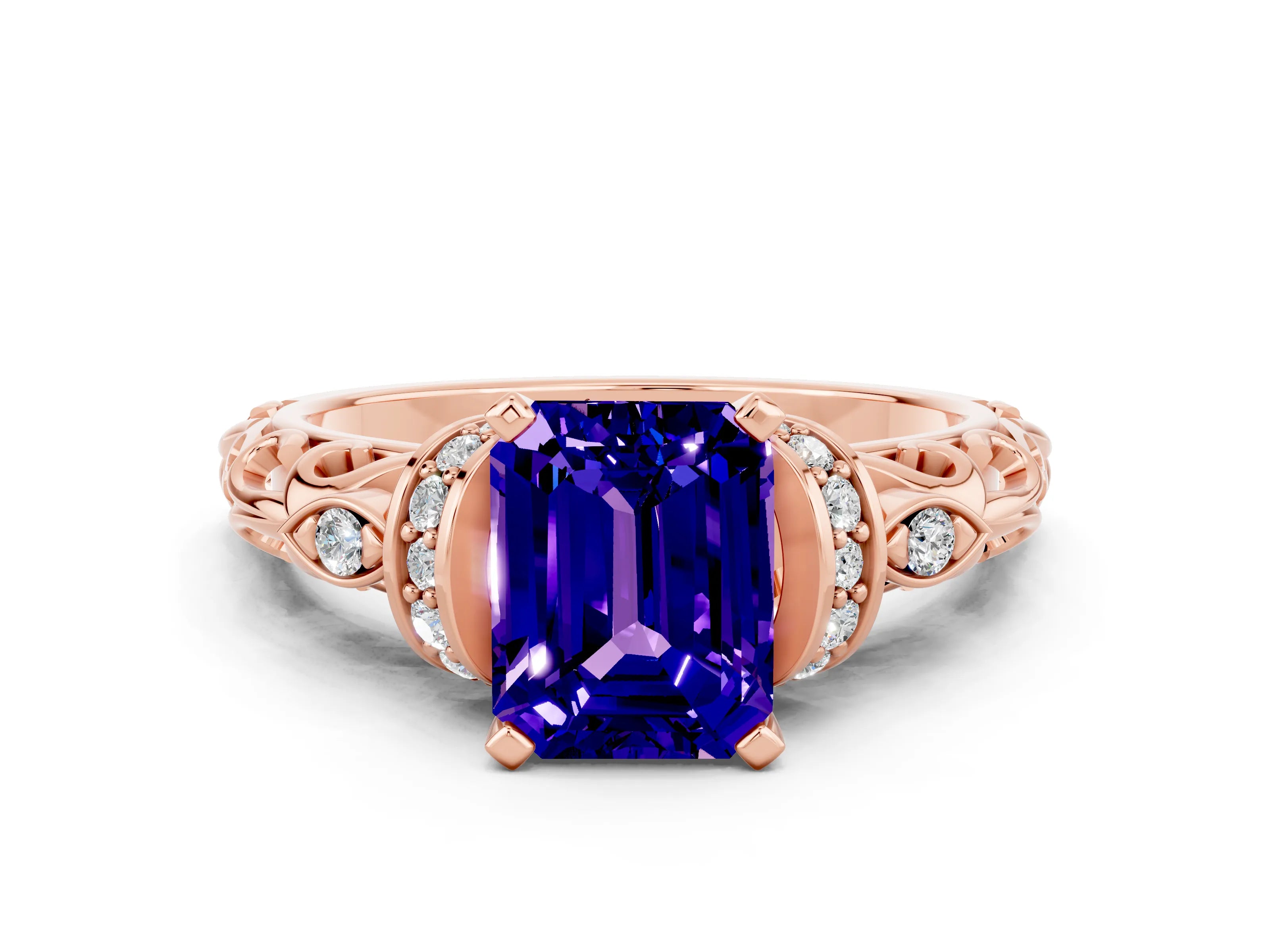 Rose gold Emerald Cut Tanzanite Solitaire Ring with Filigree Band and Four-Prong Setting_24