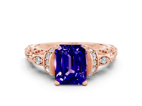 Rose gold Emerald Cut Tanzanite Solitaire Ring with Filigree Band and Four-Prong Setting_24