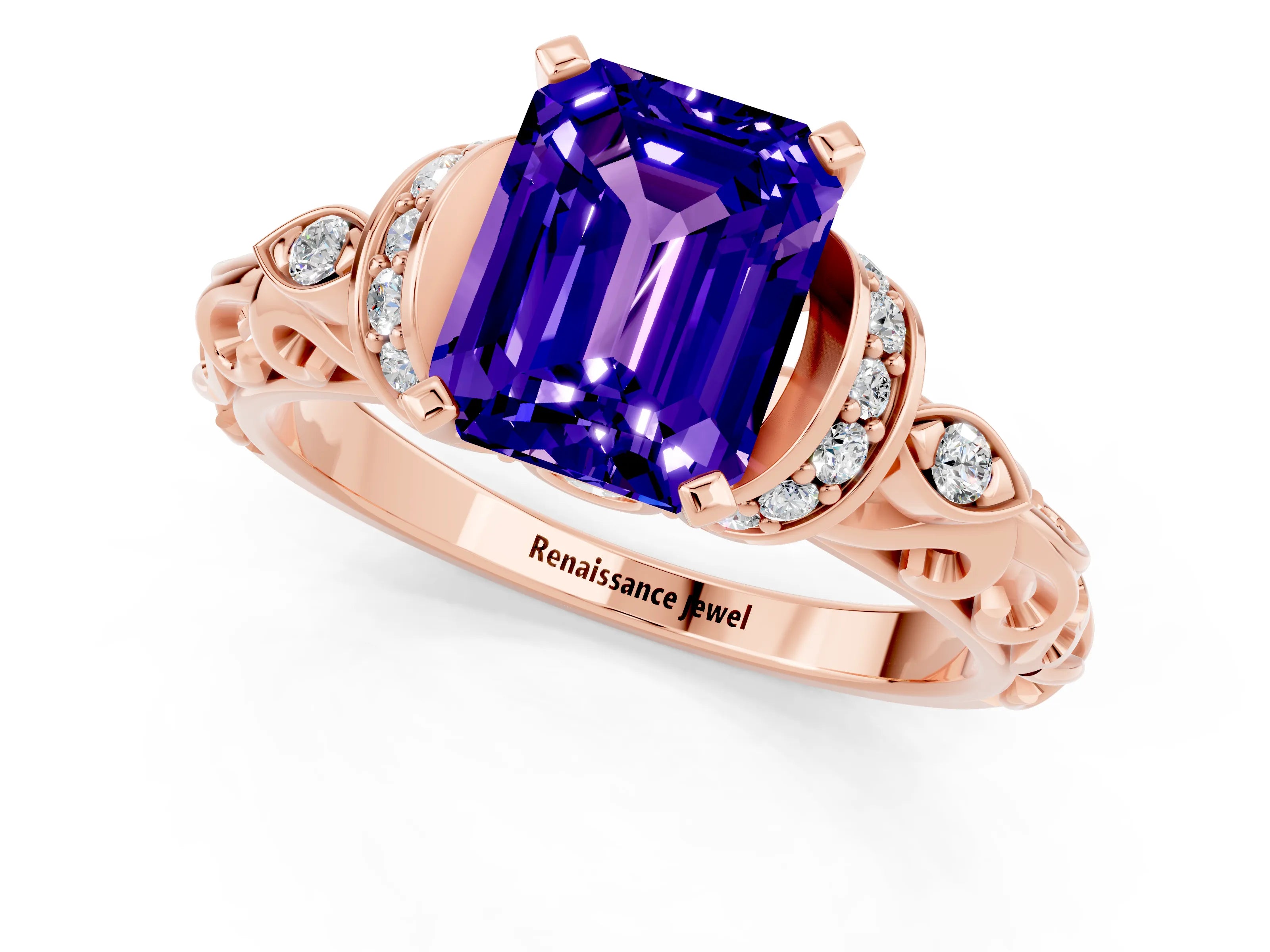 Rose gold Emerald Cut Tanzanite Solitaire Ring with Filigree Band and Four-Prong Setting_25