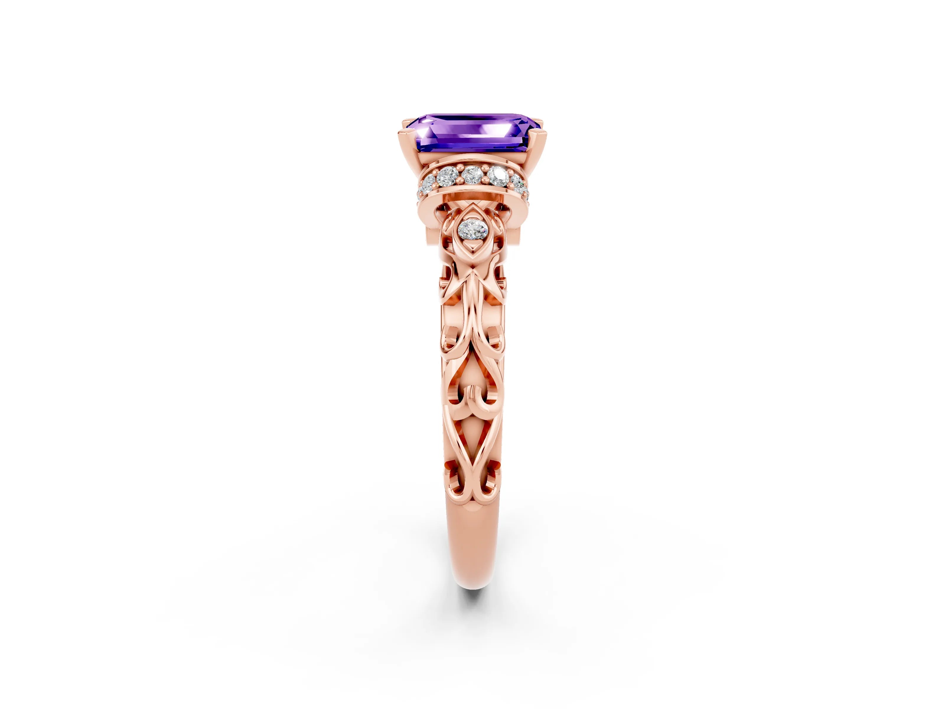 Rose gold Emerald Cut Tanzanite Solitaire Ring with Filigree Band and Four-Prong Setting_26