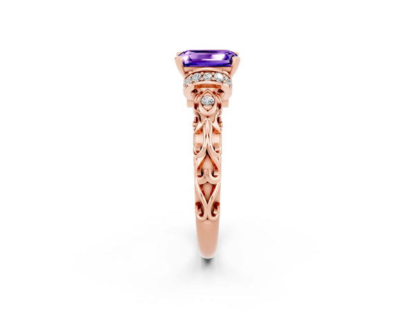 Rose gold Emerald Cut Tanzanite Solitaire Ring with Filigree Band and Four-Prong Setting