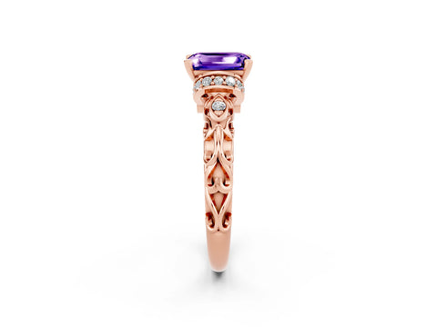 Rose gold Emerald Cut Tanzanite Solitaire Ring with Filigree Band and Four-Prong Setting_26