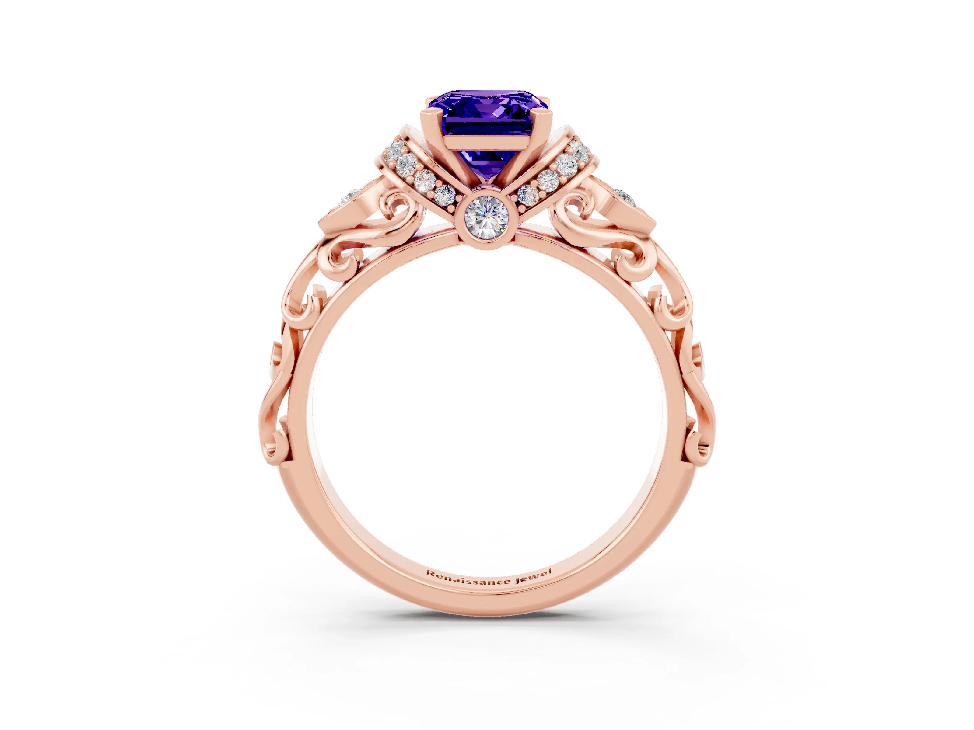 Rose gold Emerald Cut Tanzanite Solitaire Ring with Filigree Band and Four-Prong Setting_27