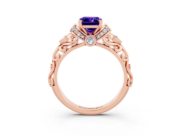 Rose gold Emerald Cut Tanzanite Solitaire Ring with Filigree Band and Four-Prong Setting