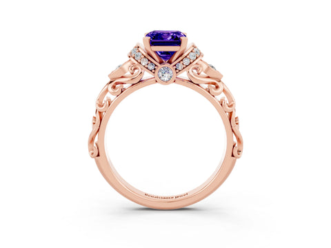 Rose gold Emerald Cut Tanzanite Solitaire Ring with Filigree Band and Four-Prong Setting_27