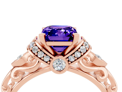 Rose gold Emerald Cut Tanzanite Solitaire Ring with Filigree Band and Four-Prong Setting_28
