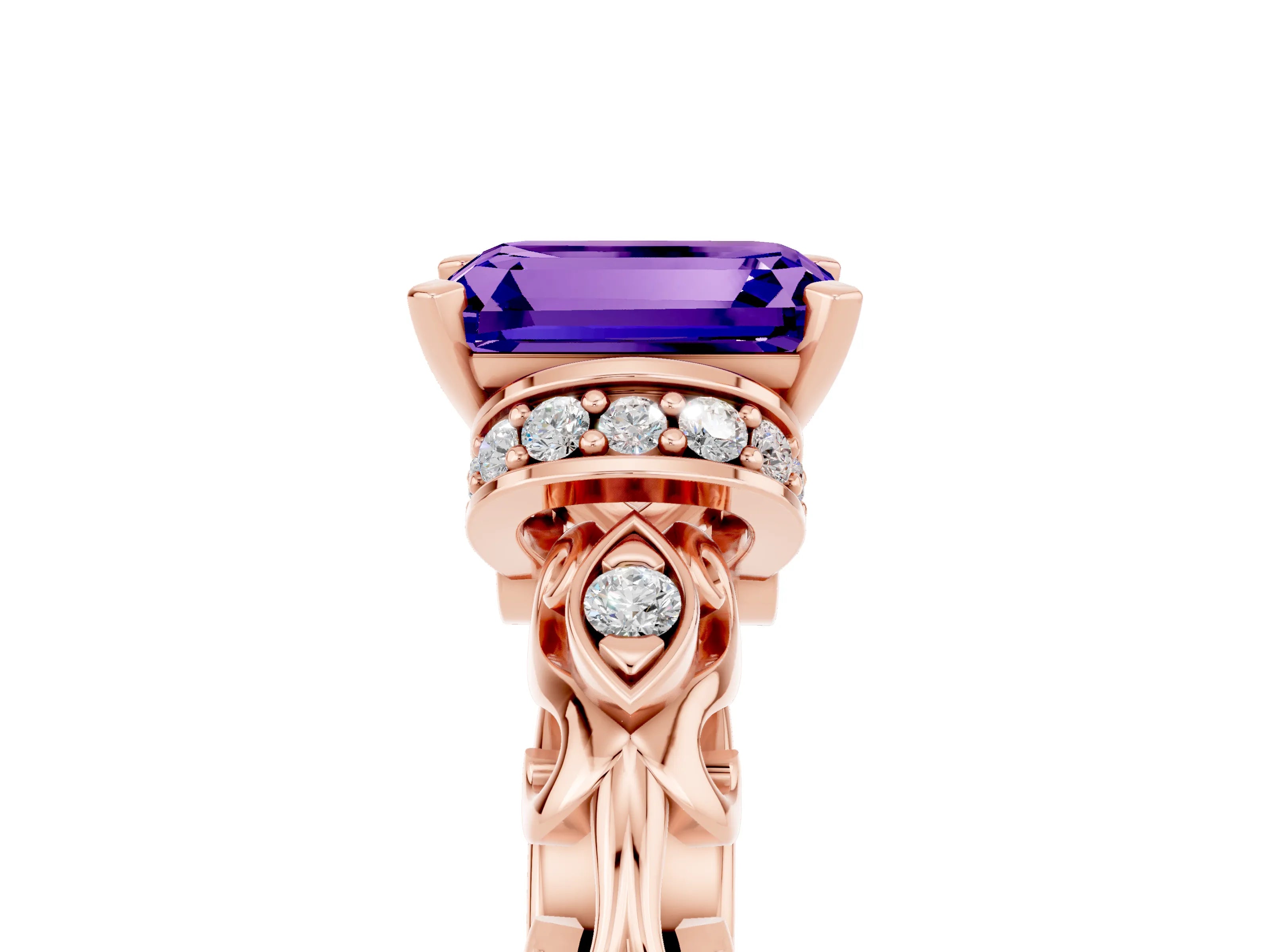 Rose gold Emerald Cut Tanzanite Solitaire Ring with Filigree Band and Four-Prong Setting_29
