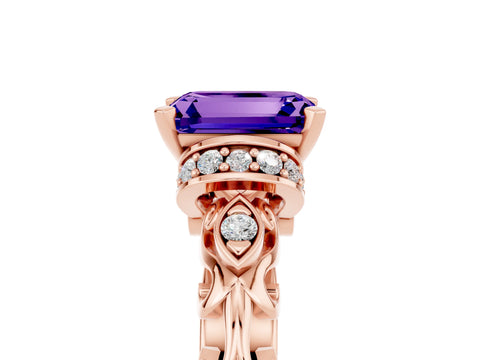 Rose gold Emerald Cut Tanzanite Solitaire Ring with Filigree Band and Four-Prong Setting_29