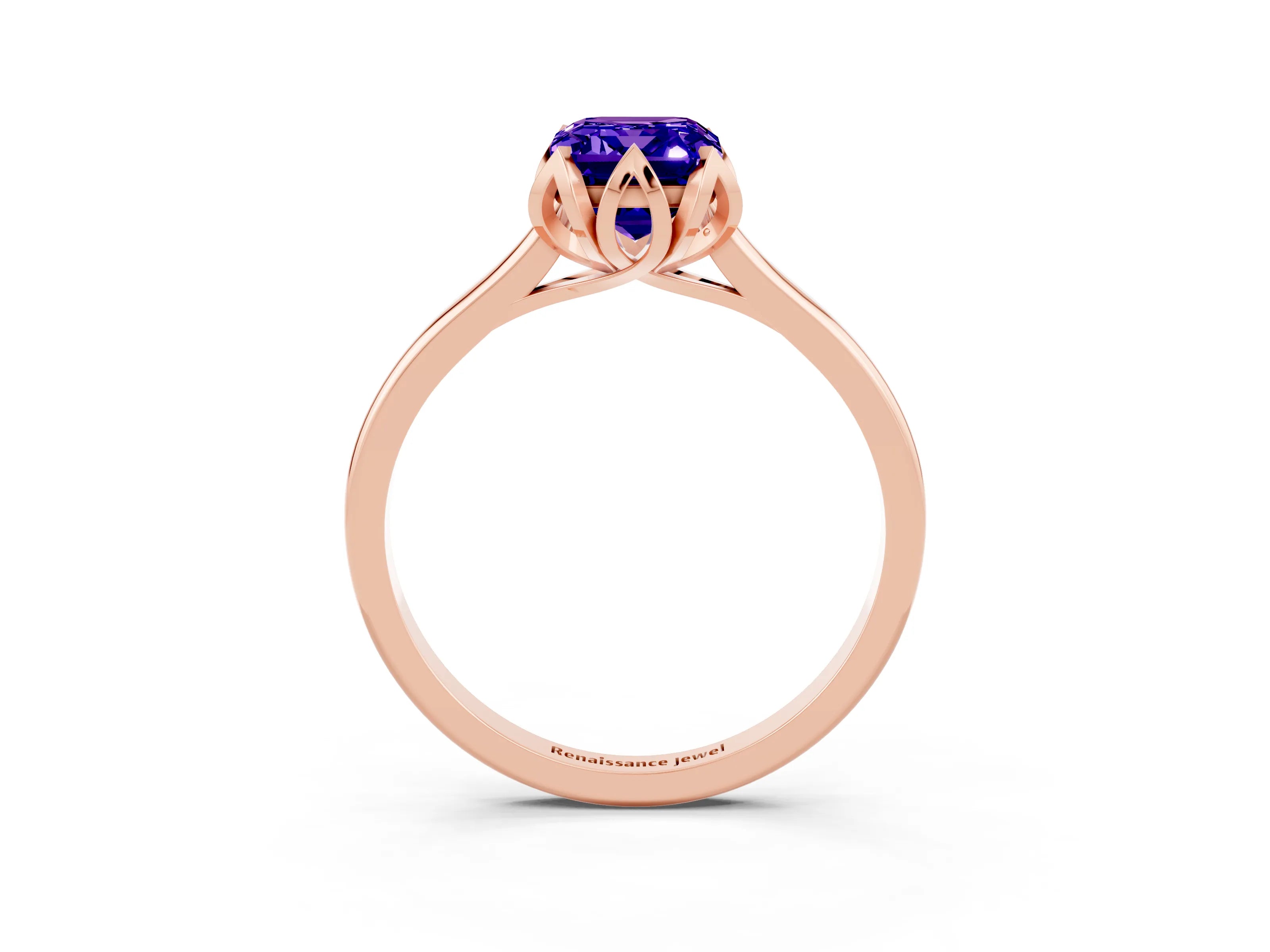 Rose gold Emerald Cut Tanzanite Solitaire Ring with Flower Prong Setting and Classic Band_15