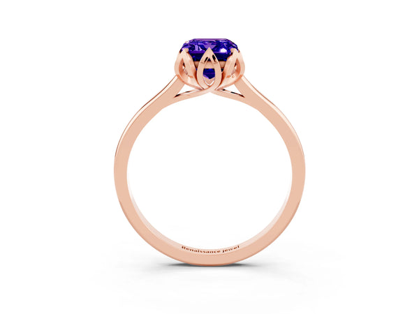 Rose gold Emerald Cut Tanzanite Solitaire Ring with Flower Prong Setting and Classic Band