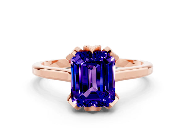 Rose gold Emerald Cut Tanzanite Solitaire Ring with Flower Prong Setting and Classic Band