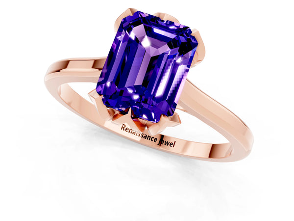 Rose gold Emerald Cut Tanzanite Solitaire Ring with Flower Prong Setting and Classic Band