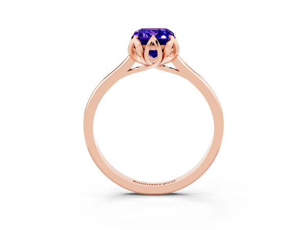 Rose gold Emerald Cut Tanzanite Solitaire Ring with Flower Prong Setting and Classic Band