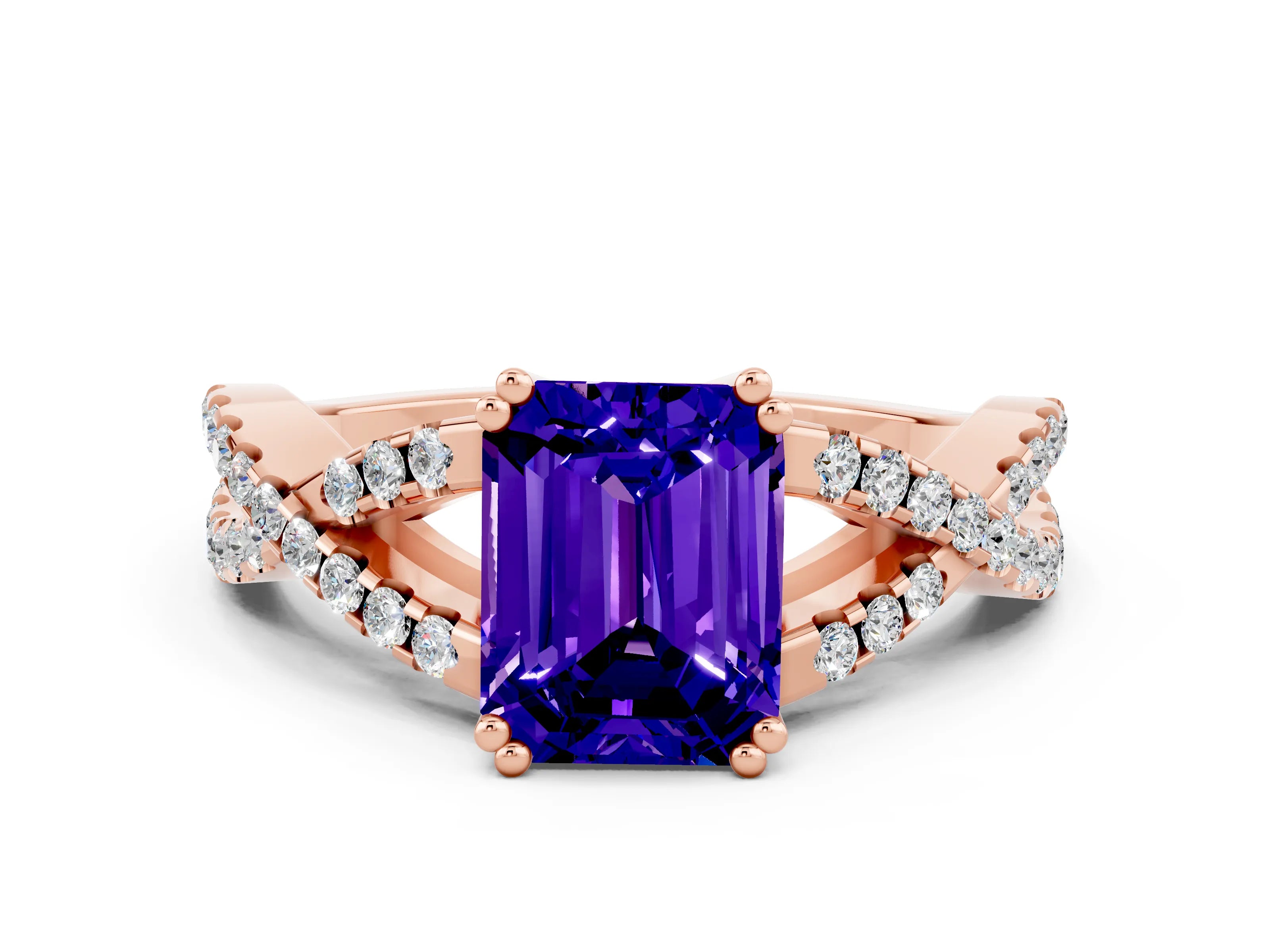Rose gold Emerald Cut Tanzanite Solitaire Ring with Four-Prong Setting and Twisted Pavé Band