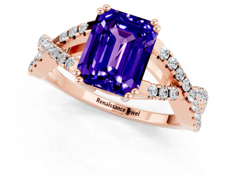 Rose gold Emerald Cut Tanzanite Solitaire Ring with Four-Prong Setting and Twisted Pavé Band_1