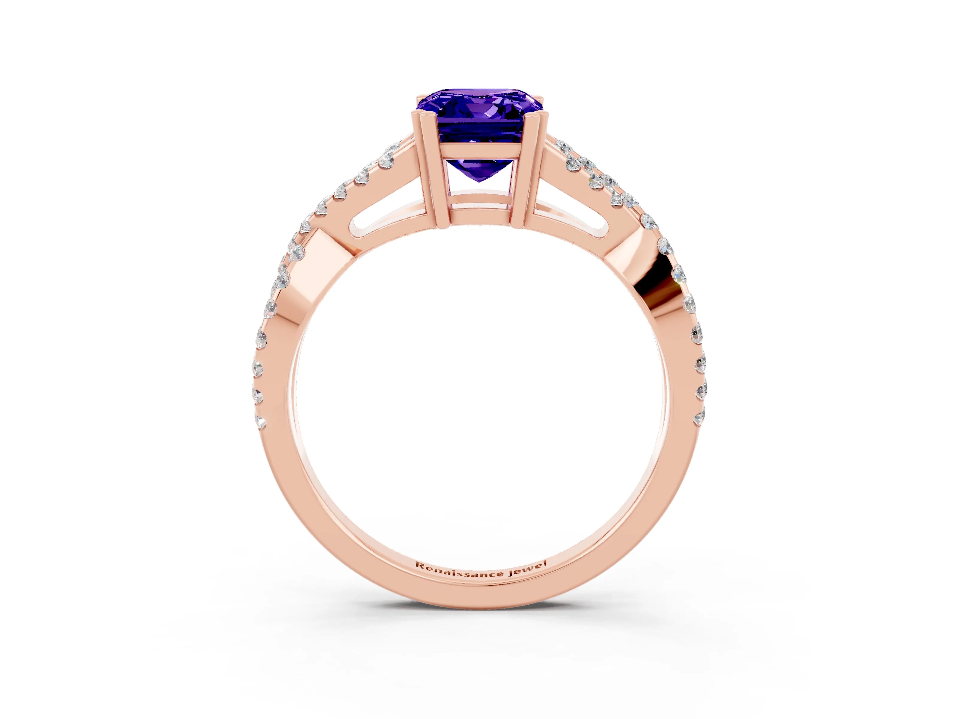 Rose gold Emerald Cut Tanzanite Solitaire Ring with Four-Prong Setting and Twisted Pavé Band_3