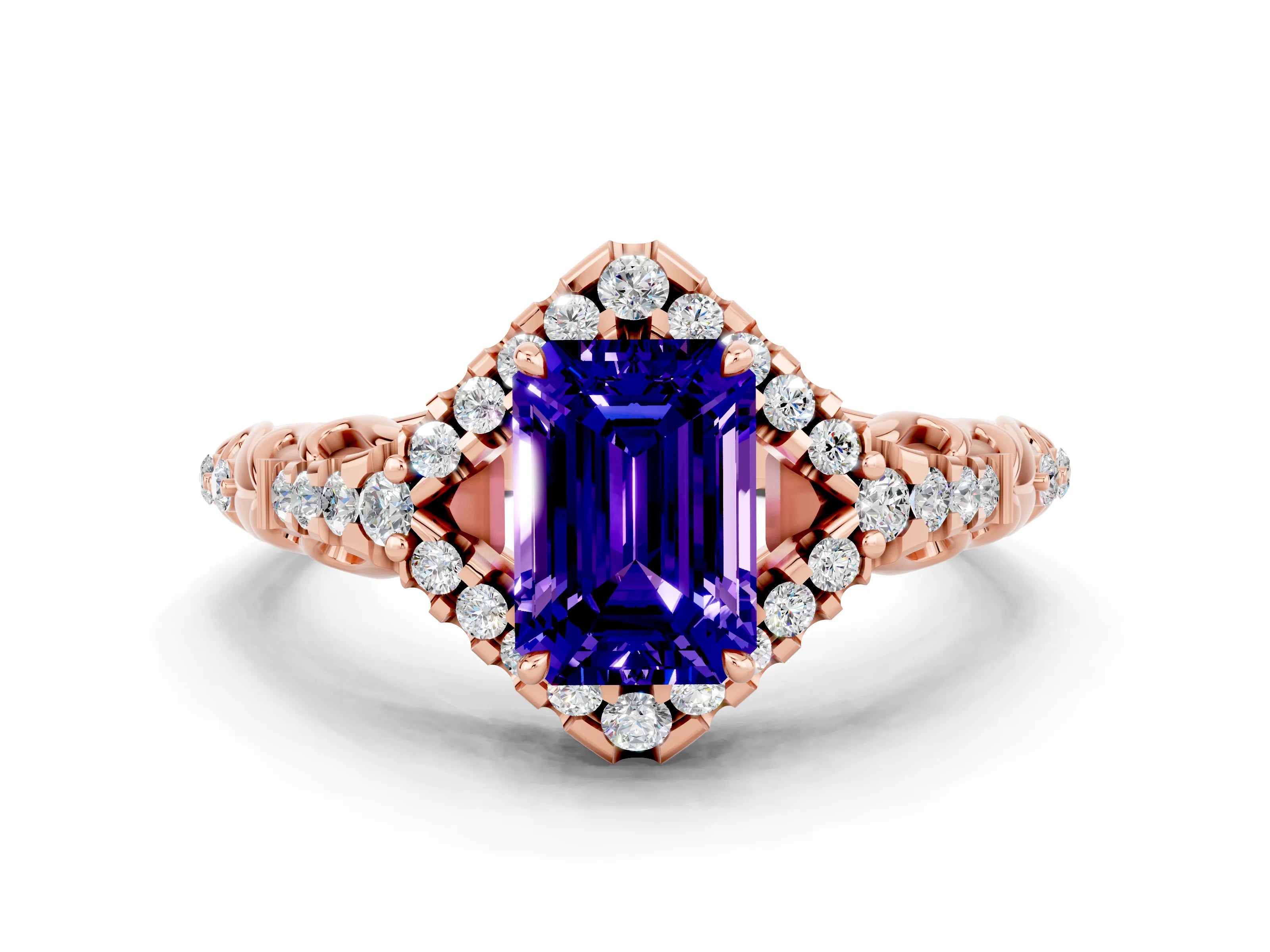 Rose gold Emerald Cut Tanzanite Solitaire Ring with Hidden Halo and Pavé Band_12