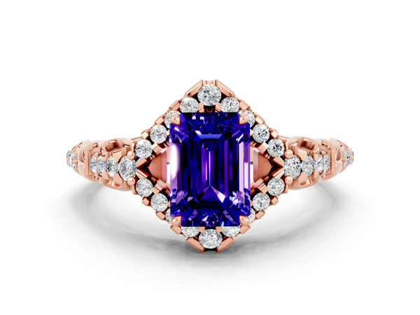 Rose gold Emerald Cut Tanzanite Solitaire Ring with Hidden Halo and Pavé Band