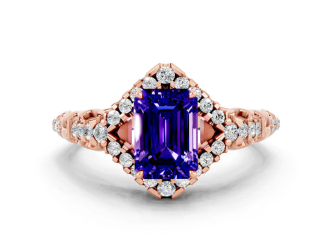 Rose gold Emerald Cut Tanzanite Solitaire Ring with Hidden Halo and Pavé Band_12