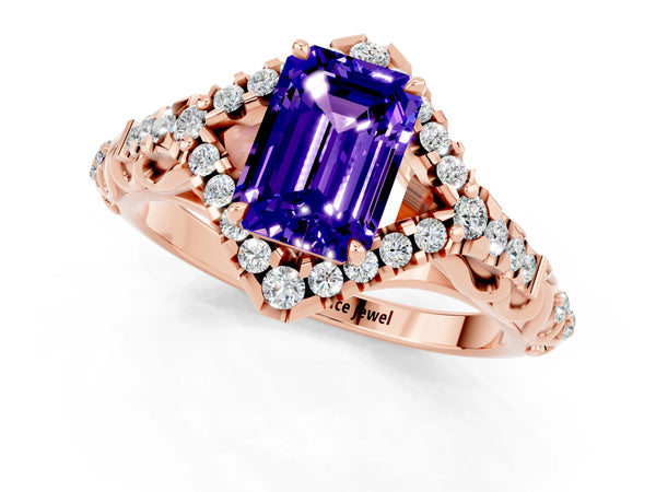 Rose gold Emerald Cut Tanzanite Solitaire Ring with Hidden Halo and Pavé Band