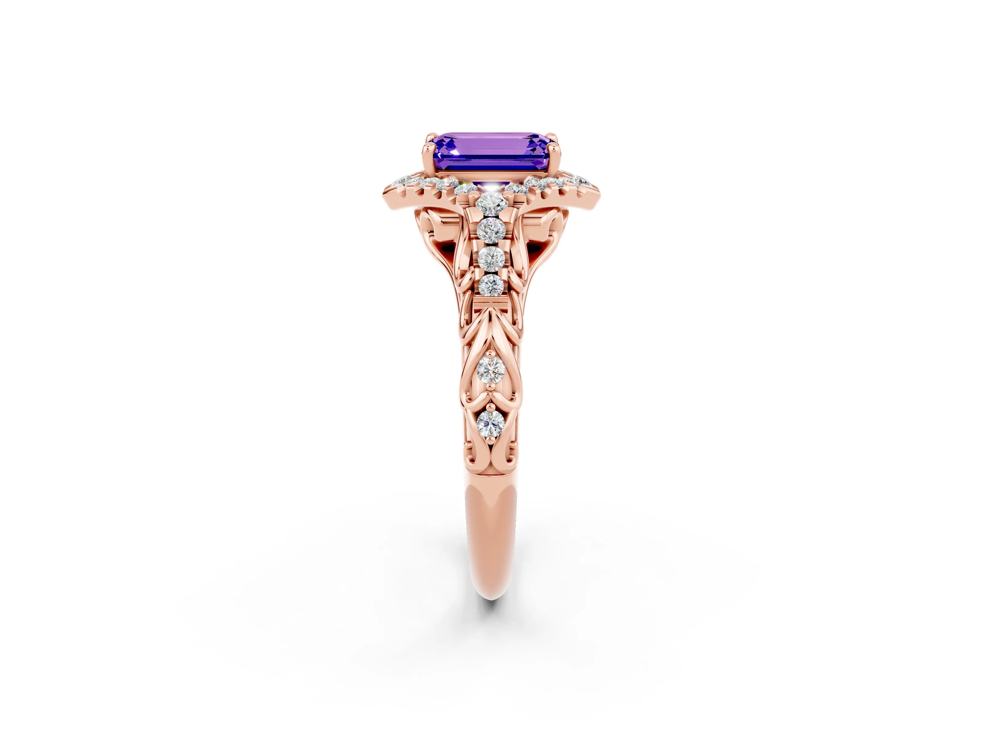 Rose gold Emerald Cut Tanzanite Solitaire Ring with Hidden Halo and Pavé Band_14