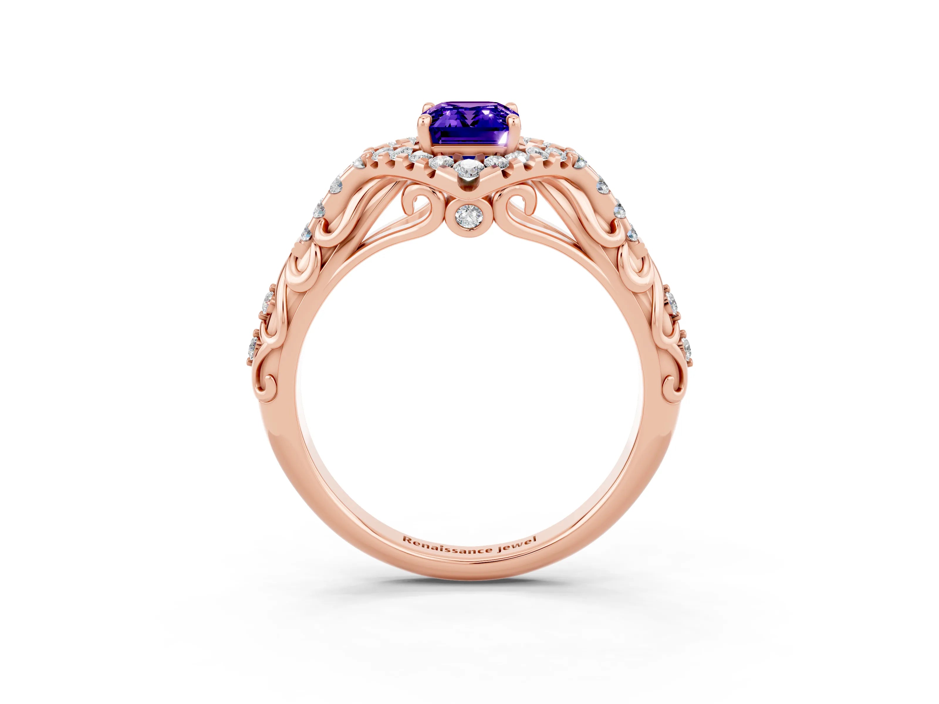 Rose gold Emerald Cut Tanzanite Solitaire Ring with Hidden Halo and Pavé Band_15