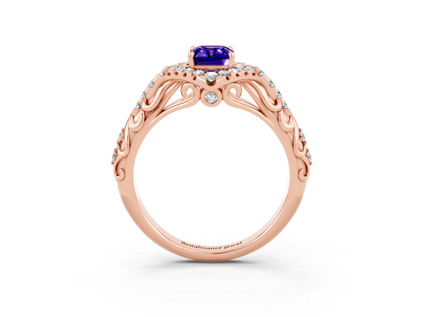 Rose gold Emerald Cut Tanzanite Solitaire Ring with Hidden Halo and Pavé Band