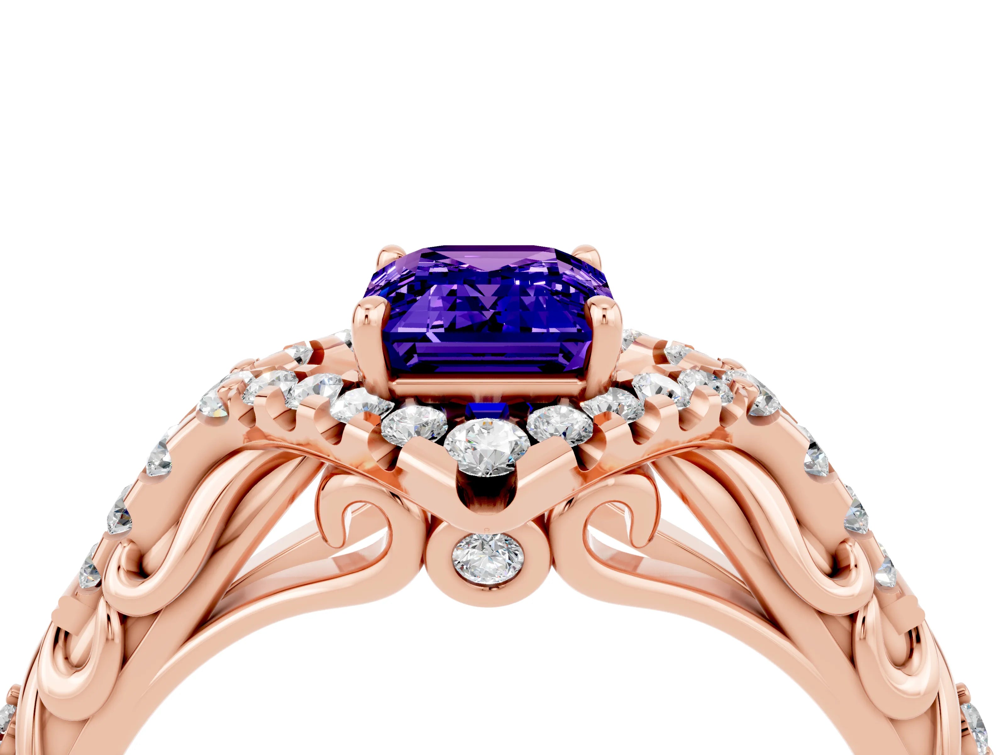 Rose gold Emerald Cut Tanzanite Solitaire Ring with Hidden Halo and Pavé Band_16