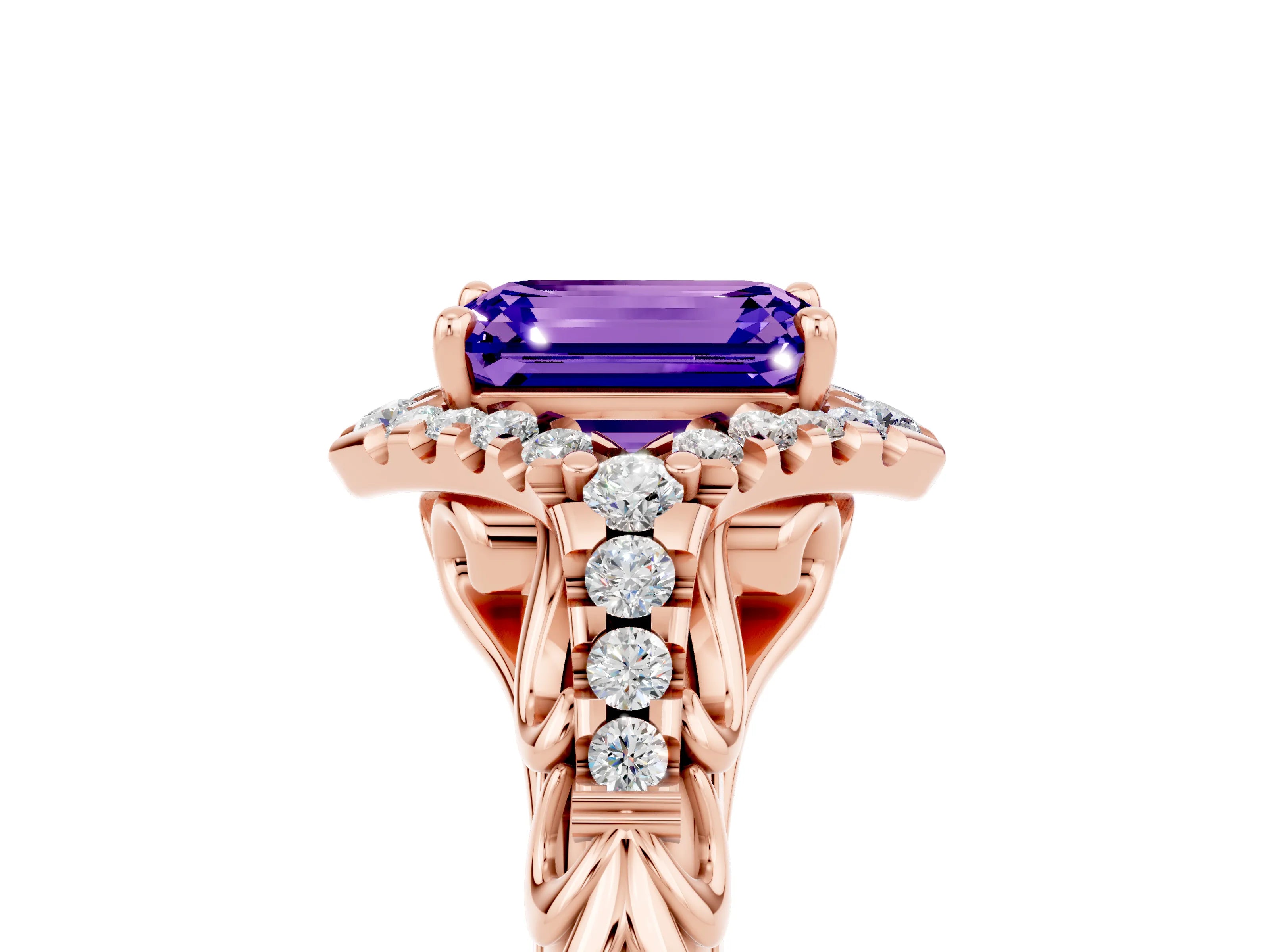 Rose gold Emerald Cut Tanzanite Solitaire Ring with Hidden Halo and Pavé Band_17