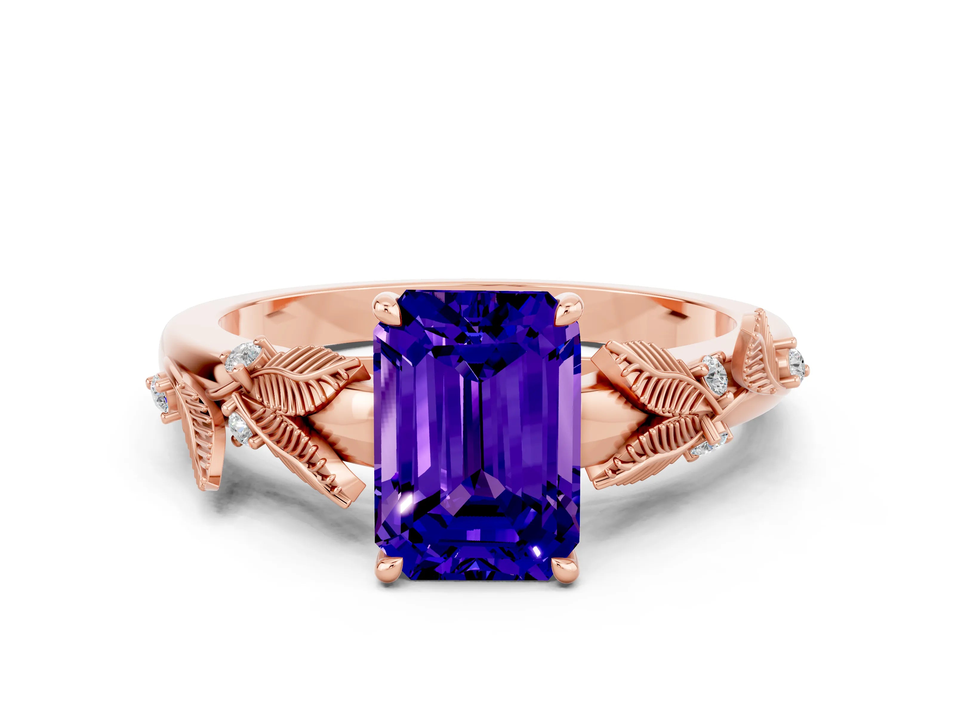 Rose gold Emerald Cut Tanzanite Solitaire Ring with Leaf Motif Band and Four-Prong Setting