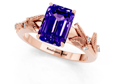 Rose gold Emerald Cut Tanzanite Solitaire Ring with Leaf Motif Band and Four-Prong Setting_1