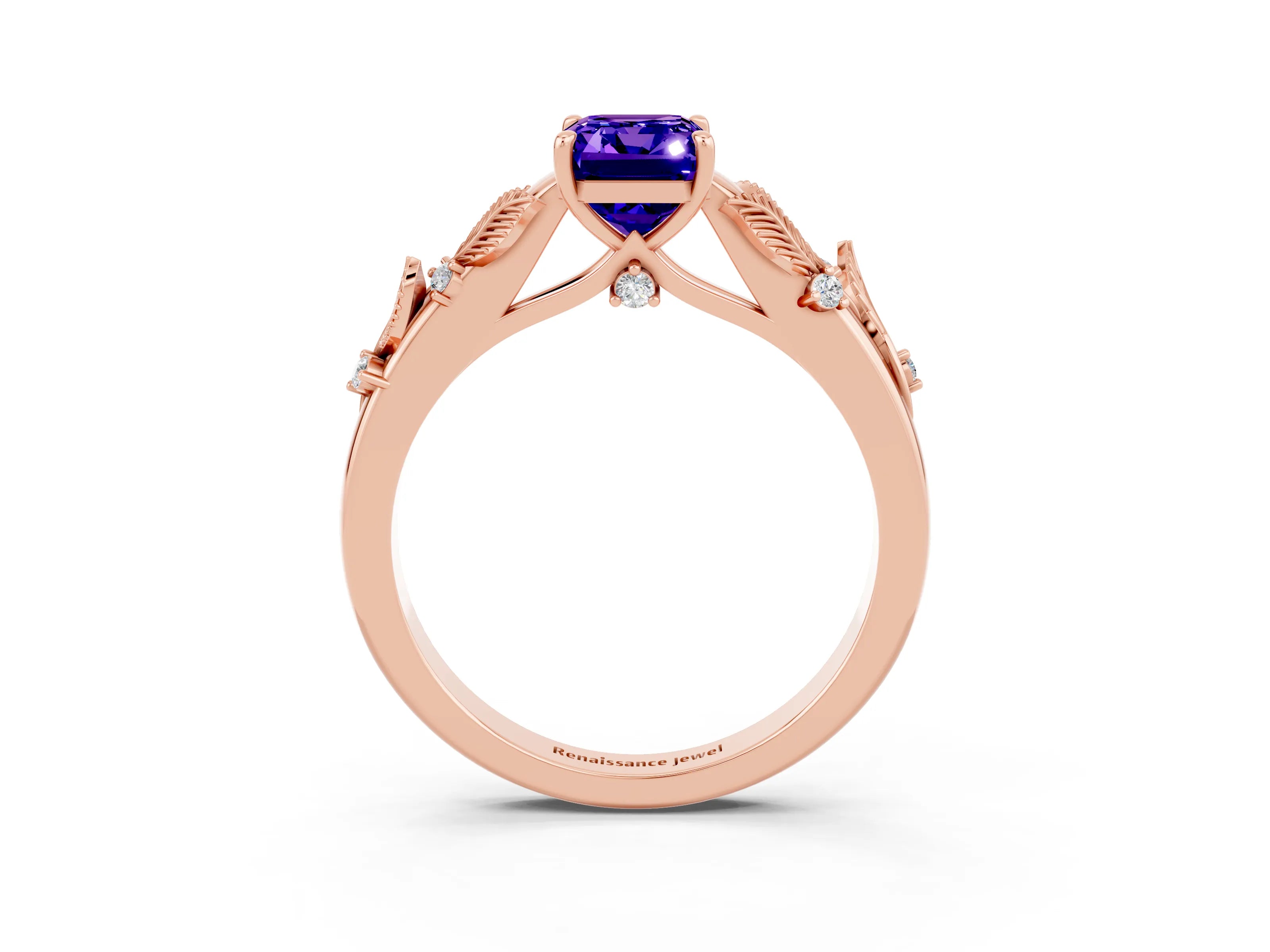 Rose gold Emerald Cut Tanzanite Solitaire Ring with Leaf Motif Band and Four-Prong Setting_3