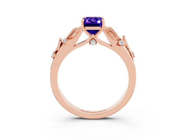 Rose gold Emerald Cut Tanzanite Solitaire Ring with Leaf Motif Band and Four-Prong Setting
