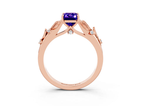 Rose gold Emerald Cut Tanzanite Solitaire Ring with Leaf Motif Band and Four-Prong Setting_3