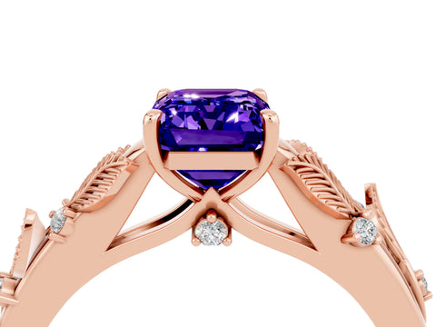 Rose gold Emerald Cut Tanzanite Solitaire Ring with Leaf Motif Band and Four-Prong Setting_4