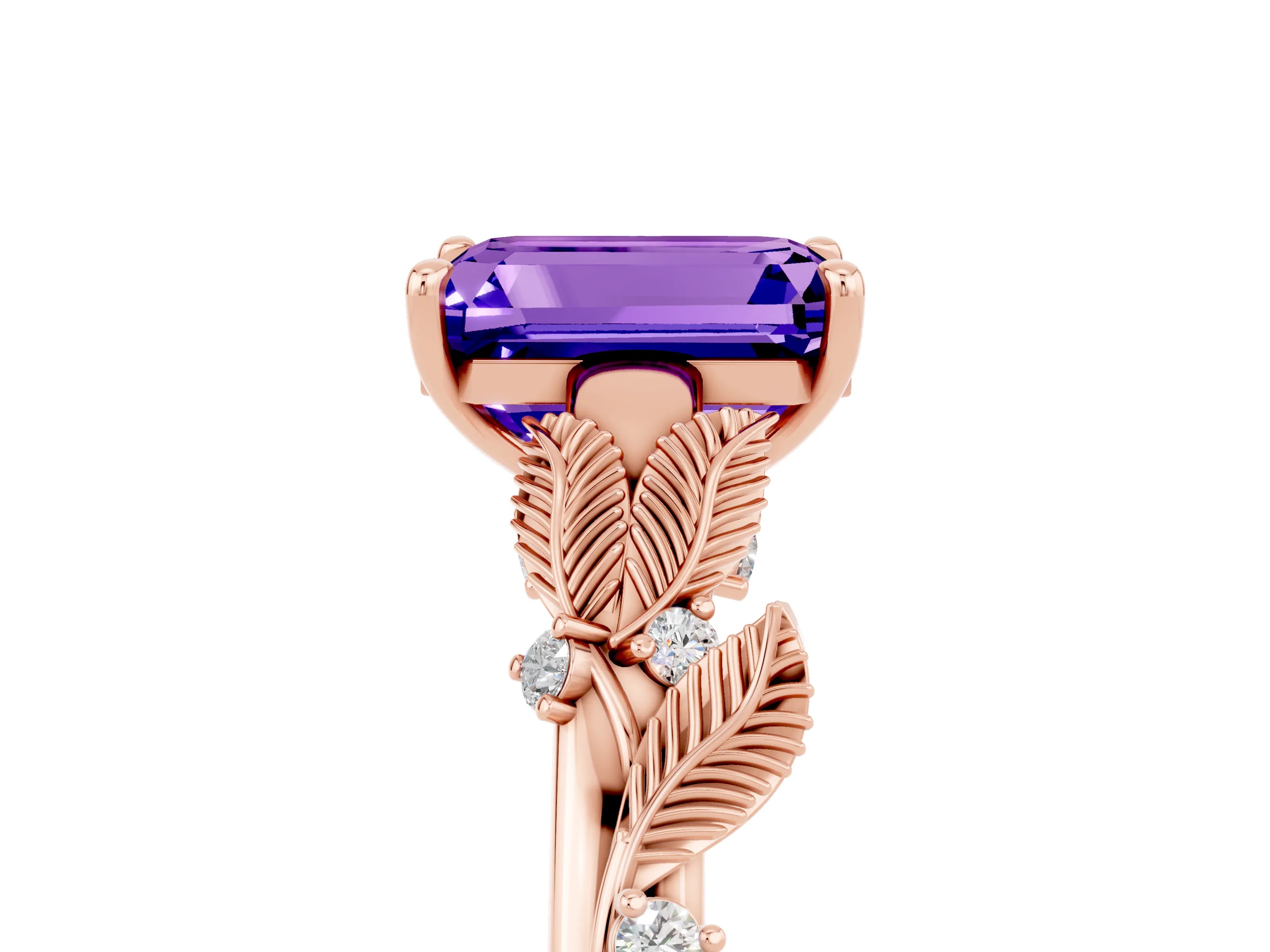Rose gold Emerald Cut Tanzanite Solitaire Ring with Leaf Motif Band and Four-Prong Setting_5