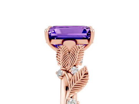 Rose gold Emerald Cut Tanzanite Solitaire Ring with Leaf Motif Band and Four-Prong Setting_5