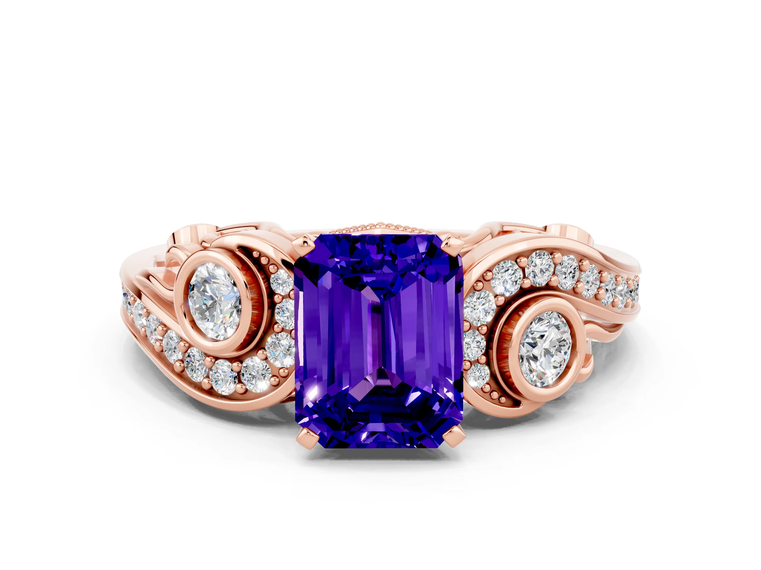 Rose gold Emerald Cut Tanzanite Solitaire Ring with Milgrain Pavé Band and Four-Prong Setting_24