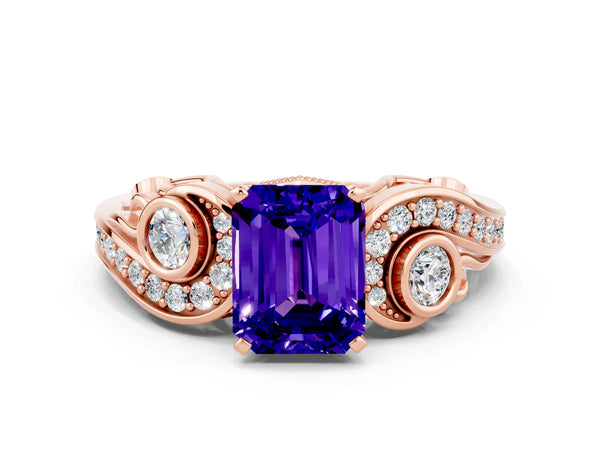 Rose gold Emerald Cut Tanzanite Solitaire Ring with Milgrain Pavé Band and Four-Prong Setting