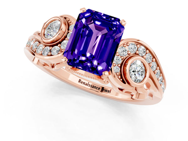 Rose gold Emerald Cut Tanzanite Solitaire Ring with Milgrain Pavé Band and Four-Prong Setting