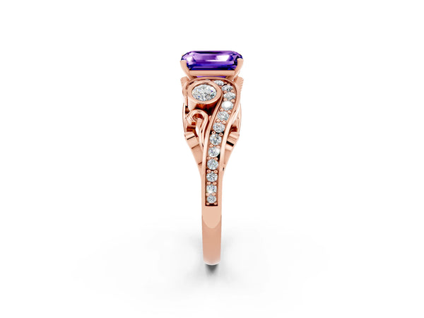 Rose gold Emerald Cut Tanzanite Solitaire Ring with Milgrain Pavé Band and Four-Prong Setting