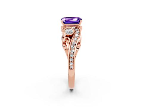 Rose gold Emerald Cut Tanzanite Solitaire Ring with Milgrain Pavé Band and Four-Prong Setting_26