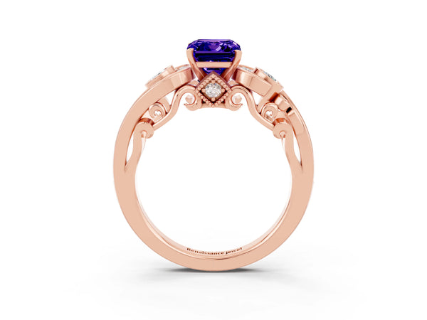 Rose gold Emerald Cut Tanzanite Solitaire Ring with Milgrain Pavé Band and Four-Prong Setting