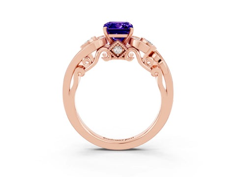 Rose gold Emerald Cut Tanzanite Solitaire Ring with Milgrain Pavé Band and Four-Prong Setting_27