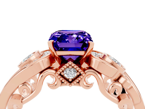 Rose gold Emerald Cut Tanzanite Solitaire Ring with Milgrain Pavé Band and Four-Prong Setting_28