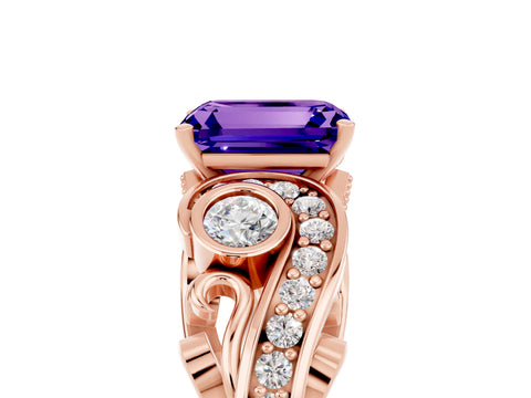 Rose gold Emerald Cut Tanzanite Solitaire Ring with Milgrain Pavé Band and Four-Prong Setting_29