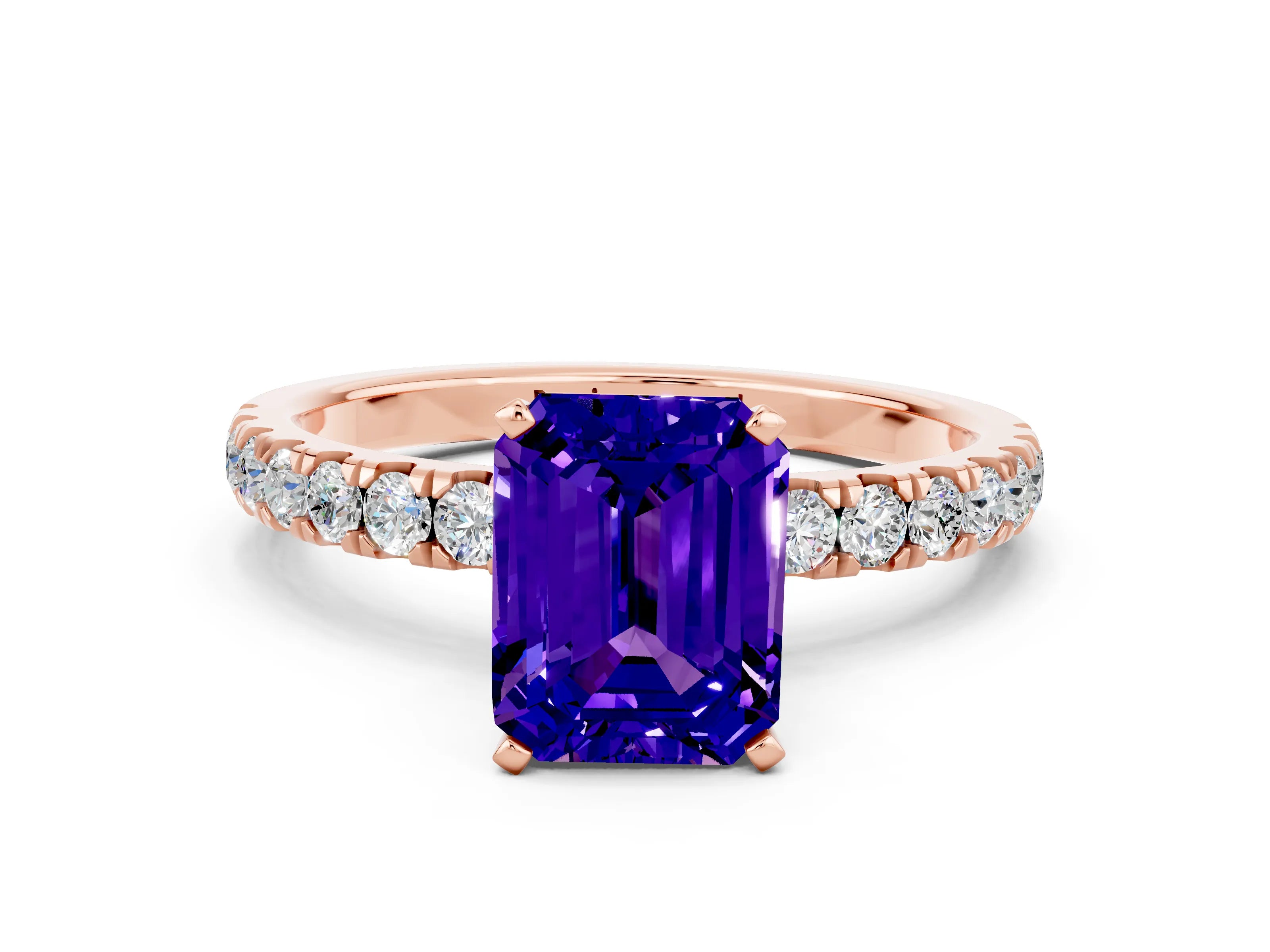 Rose gold Emerald Cut Tanzanite Solitaire Ring with Pavé Accents and Four-Prong Setting