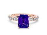 Rose gold Emerald Cut Tanzanite Solitaire Ring with Pavé Accents and Four-Prong Setting
