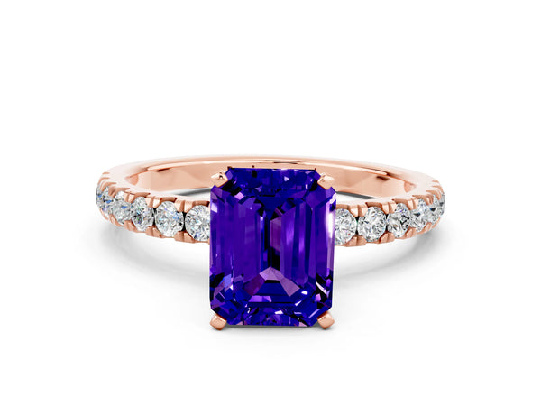 Rose gold Emerald Cut Tanzanite Solitaire Ring with Pavé Accents and Four-Prong Setting